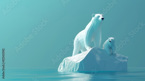 3D polar bear family on a shrinking iceberg  minimalistic  cool colors  clear lines  representing climate change effects