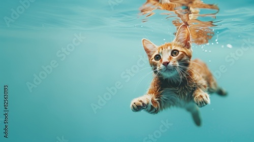A cat in a swimming suit, backstroking like a human, on a simple blue background with copy space on the right side photo