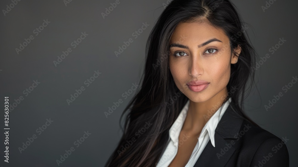 Business Attire Woman. Professional Asian Indian Model in Gray Studio Headshots Business Attire Woman. Professional Asian Indian Model in Gray Studio Headshots