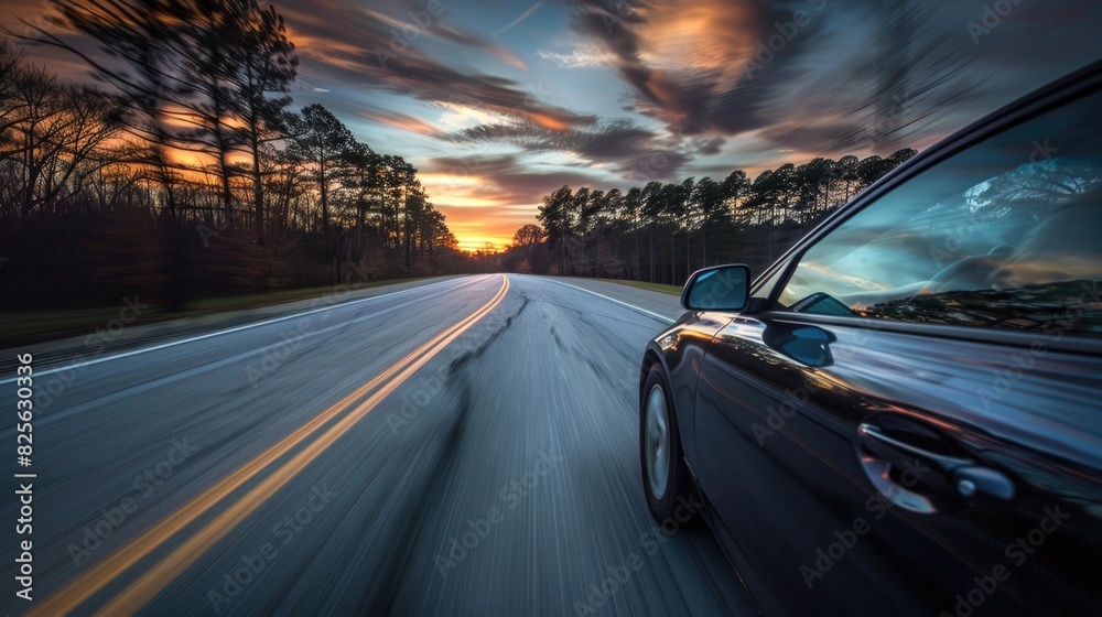 Car Woods. Motion of a Car Driving on Highway through Sunset Woods