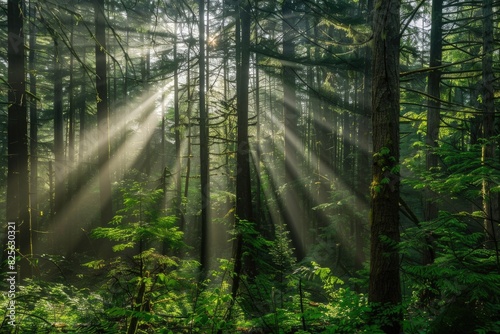 Canada Forest. Sunrays Filtering Through Old Foliage in Provincial Park on Vancouver Island © Serhii