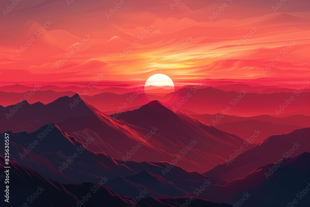 Continuous Background of Mountains at Sunset with Red Sky and Sunlight