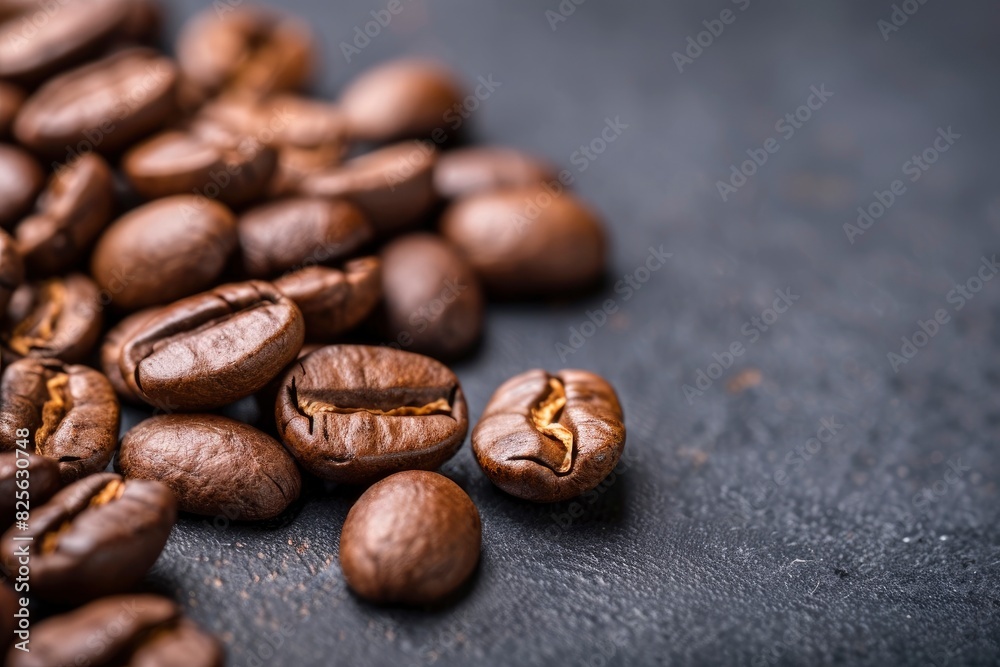 Brown Roasted Coffee Beans Closeup On Dark Background - generative ai Brown Roasted Coffee Beans Closeup On Dark Background - generative ai