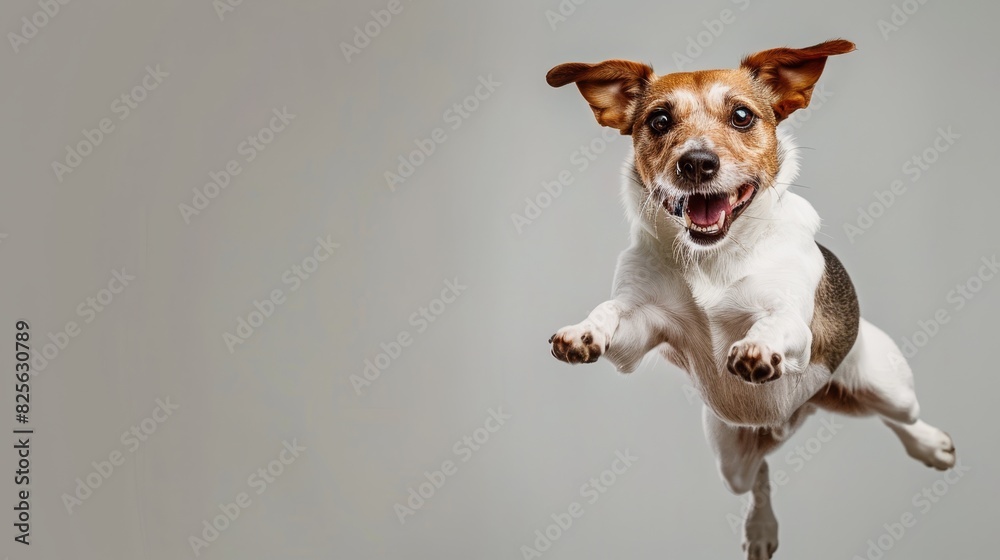 A dog in athletic gear, long jumping like a human, on a plain grey background with copy space on the left side