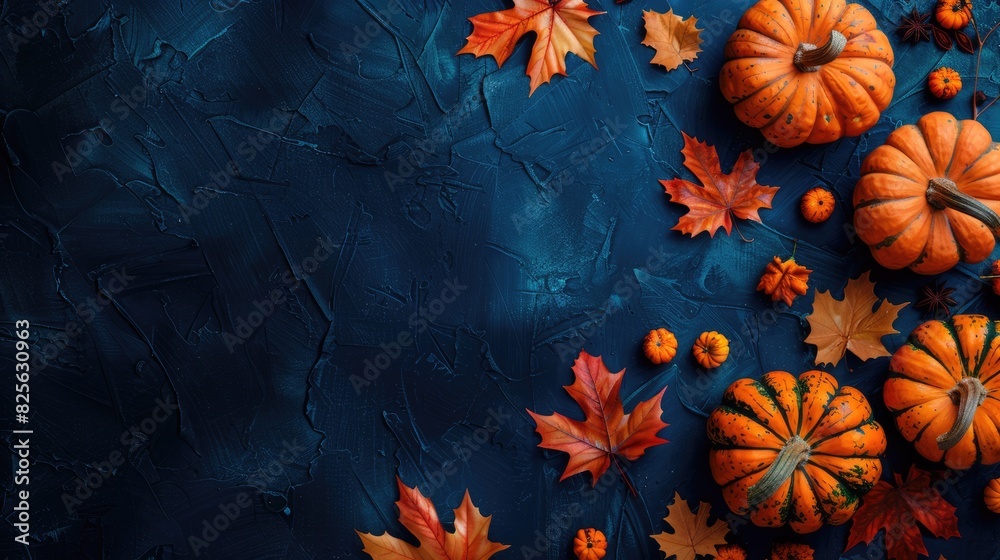 Fall Festive. Pumpkin and Autumn Maple Leaves on Dark Blue Background for Thanksgiving Day Concept Fall Festive. Pumpkin and Autumn Maple Leaves on Dark Blue Background for Thanksgiving Day Concept