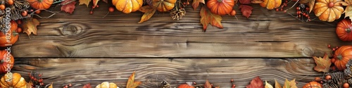 Fall Banner. Autumn Pumpkin Border Frame on Rustic Wooden Background for Thanksgiving
