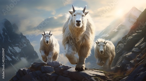 A family of mountain goats navigating a treacherous mountain pass with cautious determination, their bond evident as they stick together while conquering the formidable terrain. photo