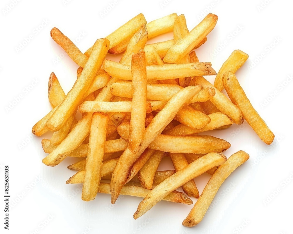 Fries Top View. Heap of French Fried Potatoes Isolated on White Background Fries Top View. Heap of French Fried Potatoes Isolated on White Background