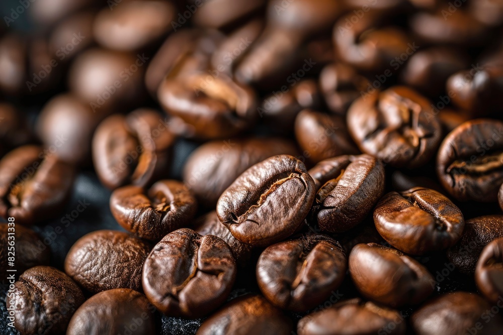 Brown Roasted Coffee Beans Closeup On Dark Background - generative ai Brown Roasted Coffee Beans Closeup On Dark Background - generative ai
