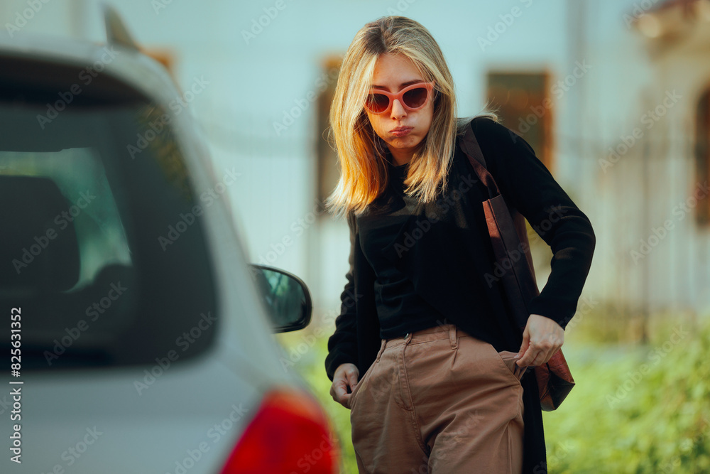 Fototapeta premium Woman Forgetting her Keys Waiting Next to a her Car . Lady suffering from a bad memory trying to find her belongings 