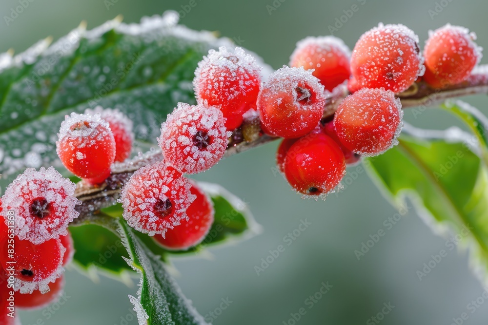 Fototapeta premium Holiday Berries. Closeup of Frost-Covered Winter Red Holly Berries with Green Leaves