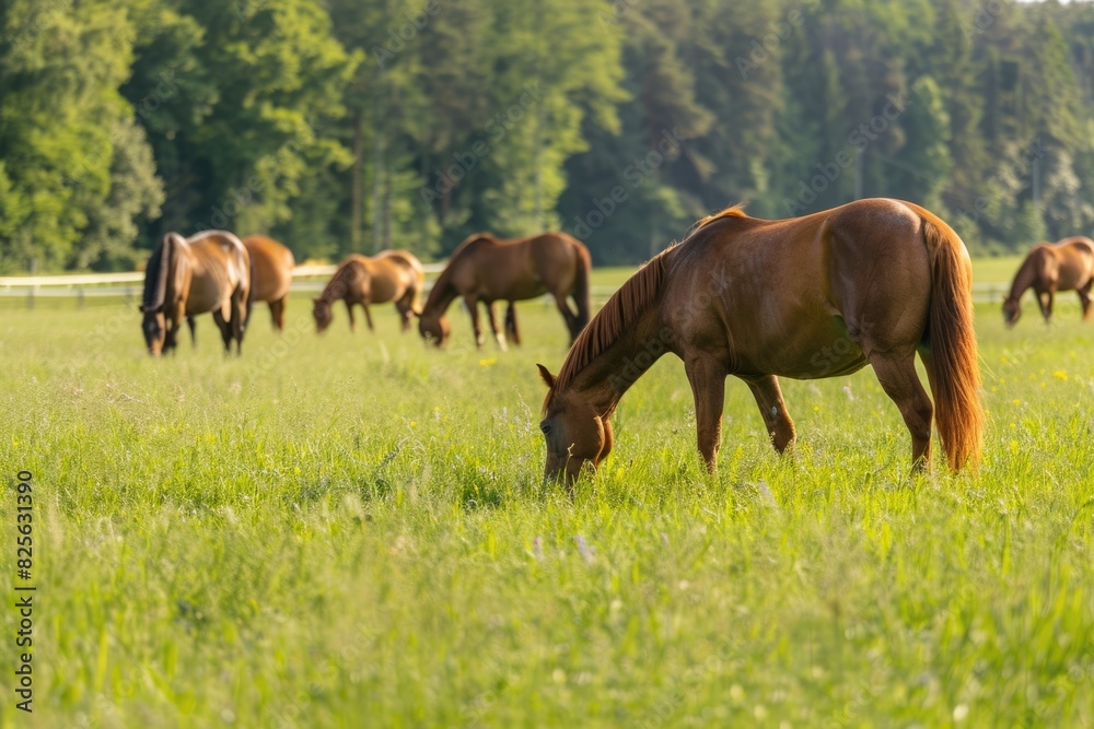 Horses in Field. Herd of Horses Grazing on Pasture in Rural Thoroughbred Farm Horses in Field. Herd of Horses Grazing on Pasture in Rural Thoroughbred Farm