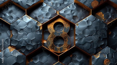 Gray relief hexagons with golden scuffs 8k image - generative Ai photo