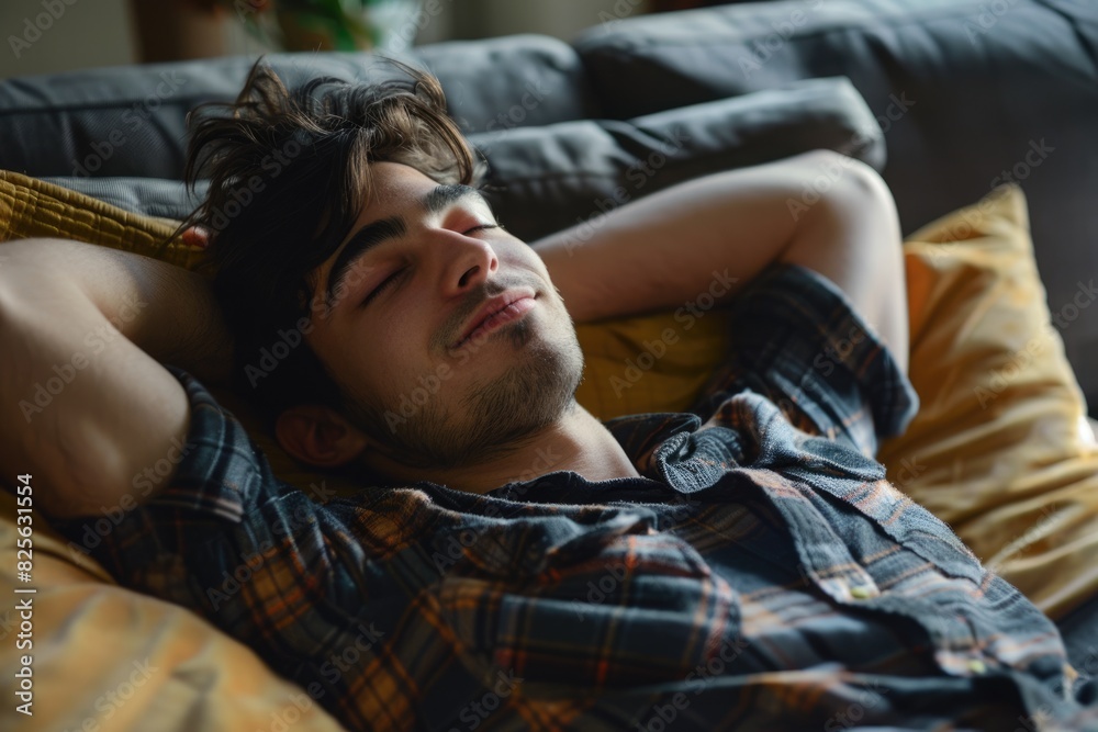 Man Relaxing on Couch at Home. Young Man Resting and Practicing Mindfulness on Sofa Man Relaxing on Couch at Home. Young Man Resting and Practicing Mindfulness on Sofa