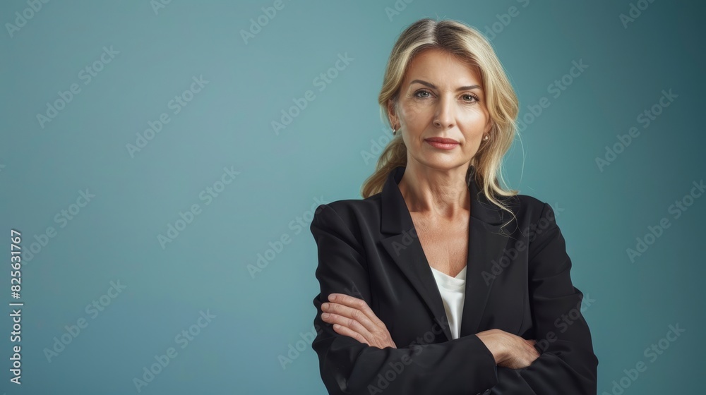 A Portrait Features A Middle-Aged Businesswoman Standing Isolated On A Blue Background, Projecting Professionalism And Confidence, High Quality A Portrait Features A Middle-Aged Businesswoman Standing Isolated On A Blue Background, Projecting Professionalism And Confidence, High Quality