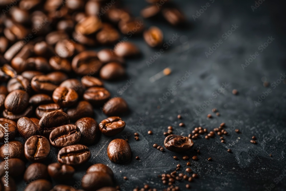Brown Roasted Coffee Beans Closeup On Dark Background - generative ai Brown Roasted Coffee Beans Closeup On Dark Background - generative ai