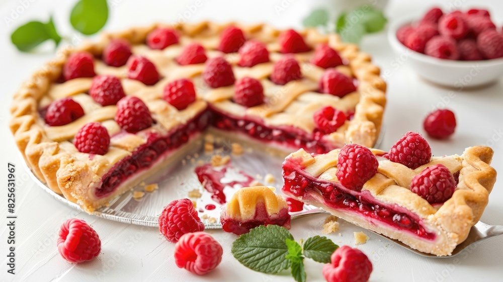 Sliced Pie: Raspberry Deliciousness on a White Table with Fresh Berries Sliced Pie: Raspberry Deliciousness on a White Table with Fresh Berries