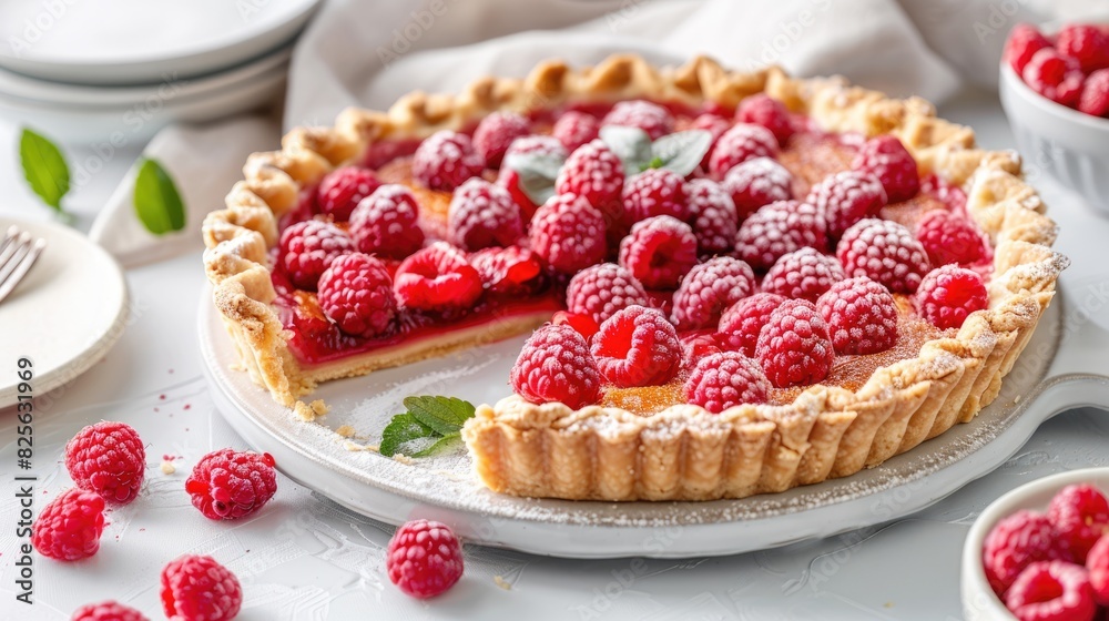 Sliced Pie. Raspberry Pie with Fresh Raspberries on White Table Sliced Pie. Raspberry Pie with Fresh Raspberries on White Table