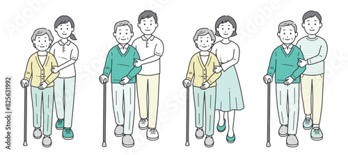 杖をついた高齢者を介助する人の全身イラストセット