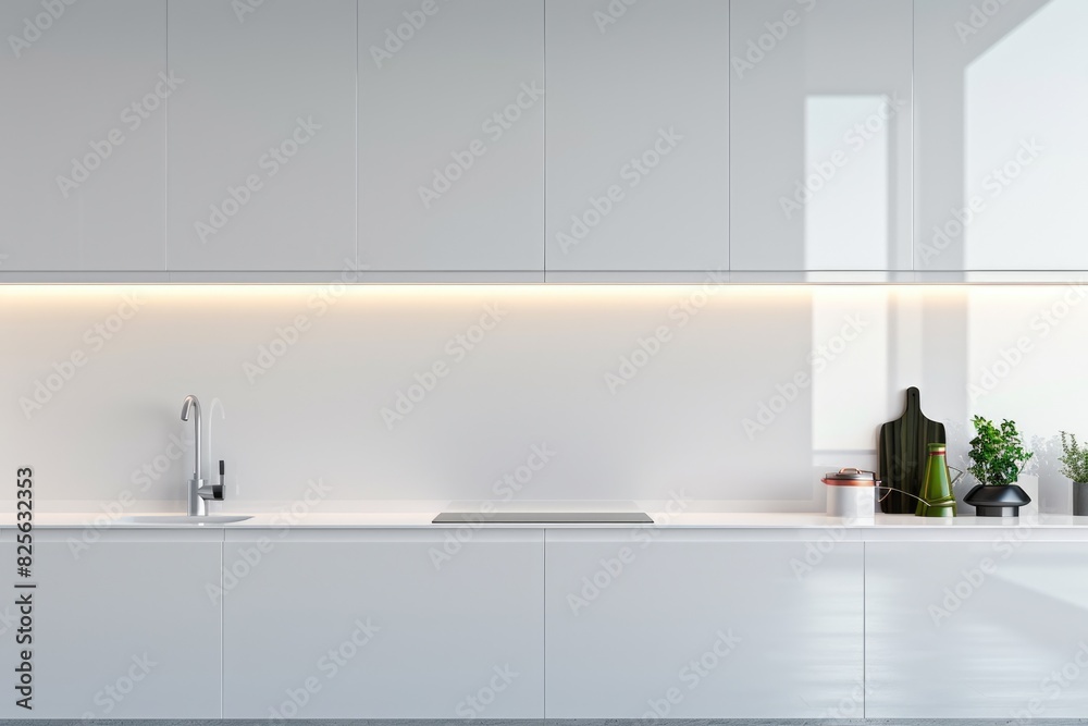 Wall Kitchen. Contemporary and Modern Kitchen Room Interior with Grey Walls and Copy Space