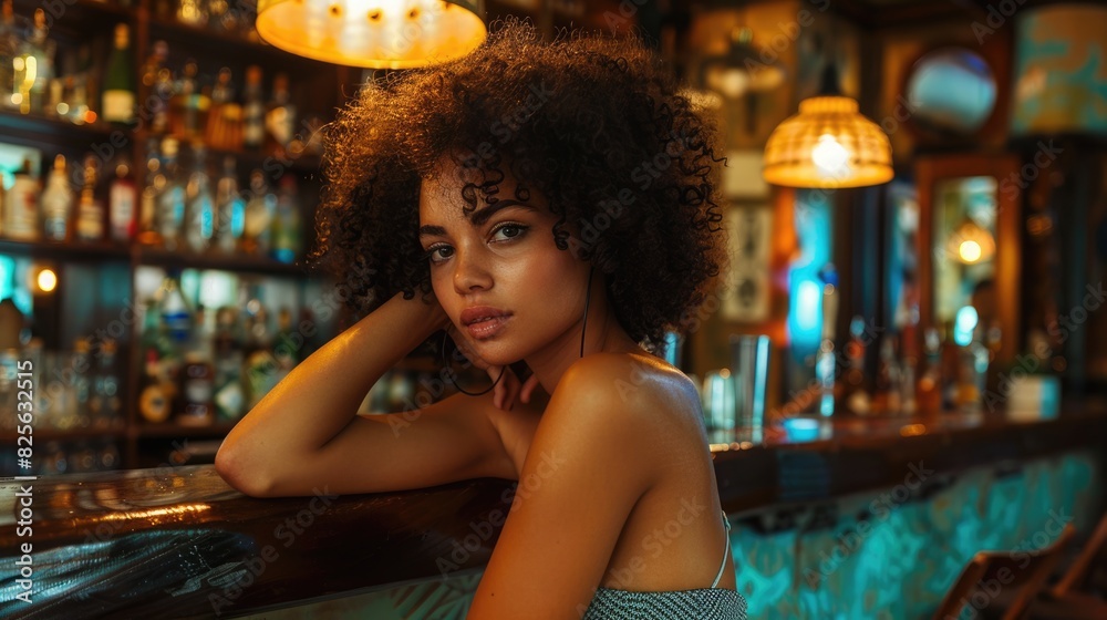 Woman At Bar. Beautiful Young Brunette Woman Relaxing in Black Dress at the Bar
