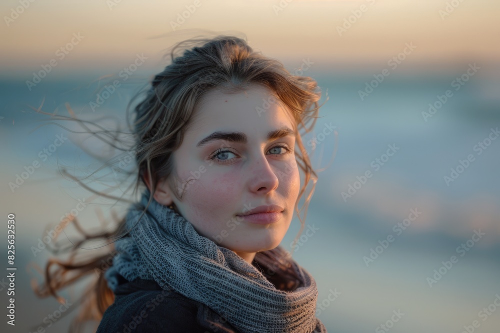 Fototapeta premium Woman Looking Serious at the Beach: Candid Moment of Thoughtfulness by the Ocean