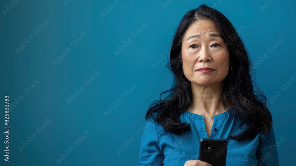 A Portrait Of A Middle-Aged Asian Woman Using A Smartphone Against A Blue Background, Blending Technology With Professionalism, High Quality