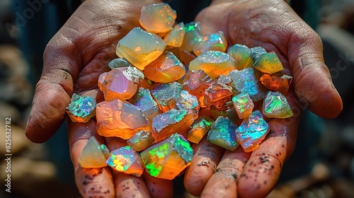 Heap of welo opal stones in hands - generative Ai photo