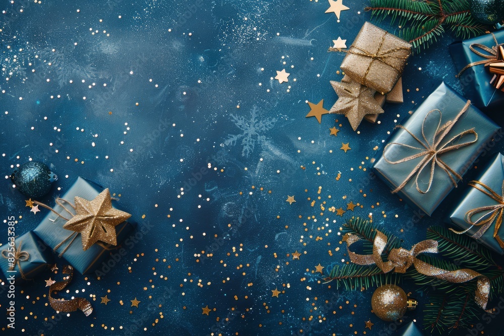 Gleaming Yuletide magic notion. Top view picture of glistening blue and gold-wrapped gifts, star toy, bright confetti, fir twigs with frost on elegant blue surface, available - generative ai