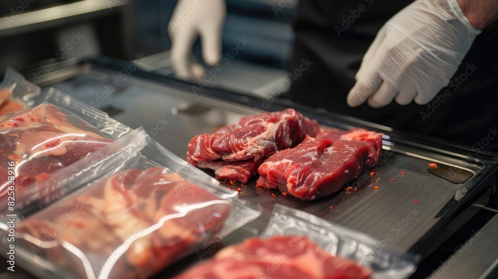 Vacuum sealing meat for refrigeration in a restaurant Vacuum sealing meat for refrigeration in a restaurant