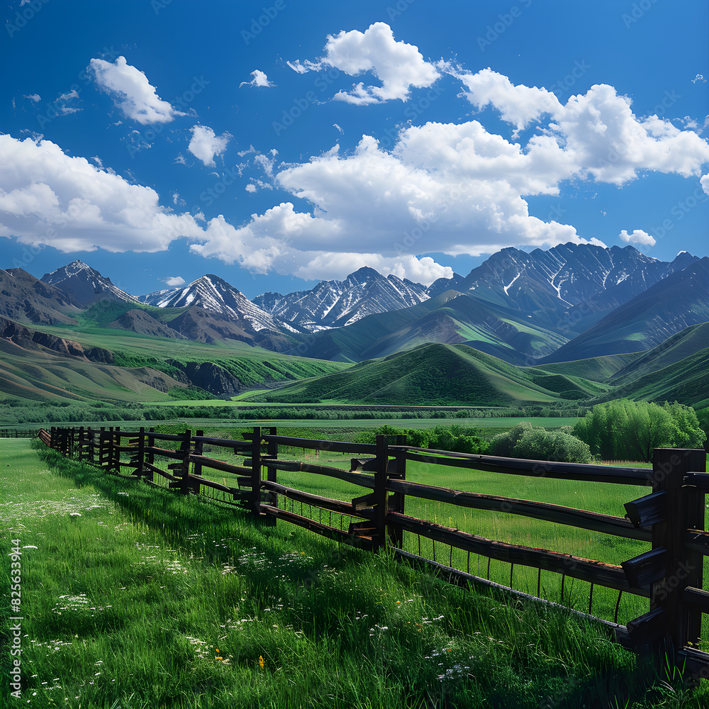 Stunning Landscape with Wooden Fence Dividing Lush Field and Rugged Mountains Under Clear Sky