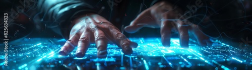 Hands on a futuristic holographic table, game design in the style of cyberpunk, futuristic background, blue and black colors, ultra realistic, cinematic, dark light photo