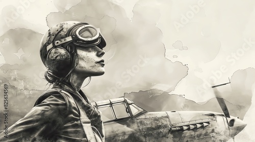 Female aviator drawing flat design side view airplane theme water color black and white photo