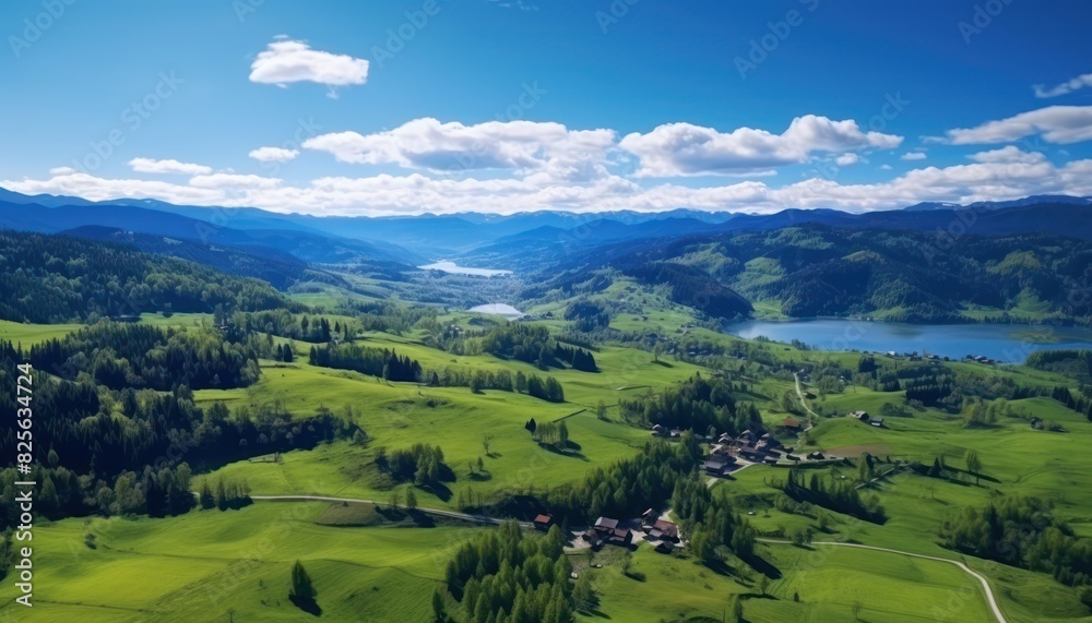 Obraz premium Views of fertile land surrounded by stunning green vegetation, rolling hills and mountains with clear skies in spring.