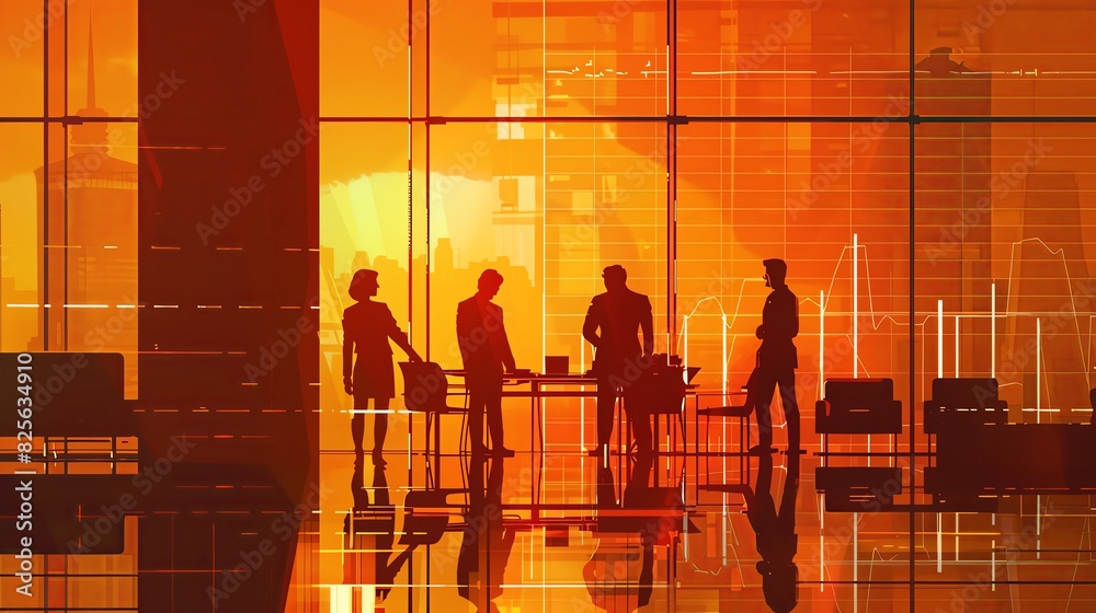 Silhouettes of business people in an office meeting room with charts ...