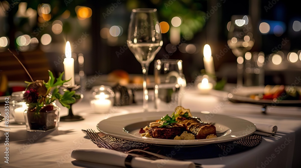 Fine dining experience with elegantly plated gourmet dishes, candlelit table setting, luxurious ambiance, highresolution culinary photography, Close up