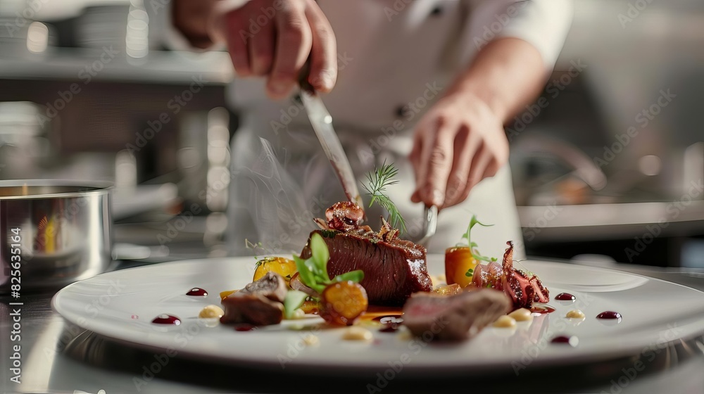 Fine dining scene with a chef presenting a beautifully arranged tasting menu, exquisite presentation, intimate and refined setting, highresolution food photography, Close up