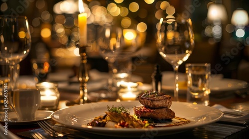 Fine dining experience with elegantly plated gourmet dishes  candlelit table setting  luxurious ambiance  highresolution culinary photography  Close up