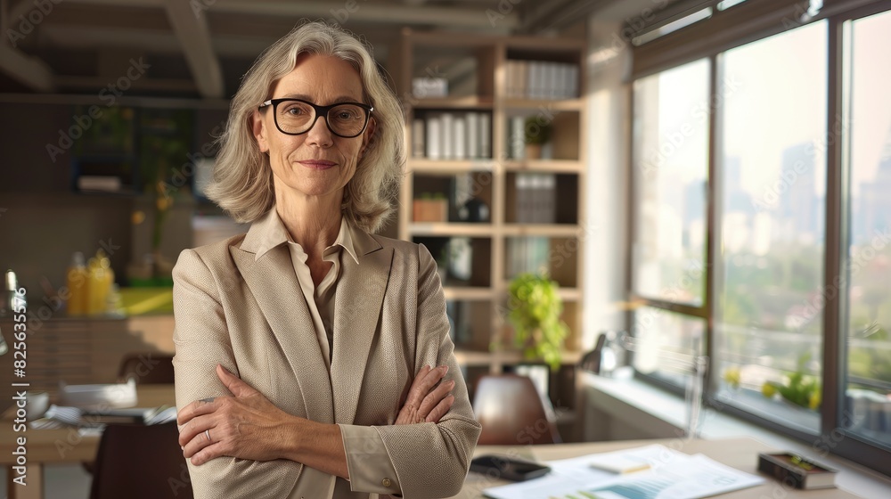 Fototapeta premium A Successful Senior Architect Stands Confidently In Her Office With Crossed Arms, Embodying Leadership And Expertise In Her Field, High Quality