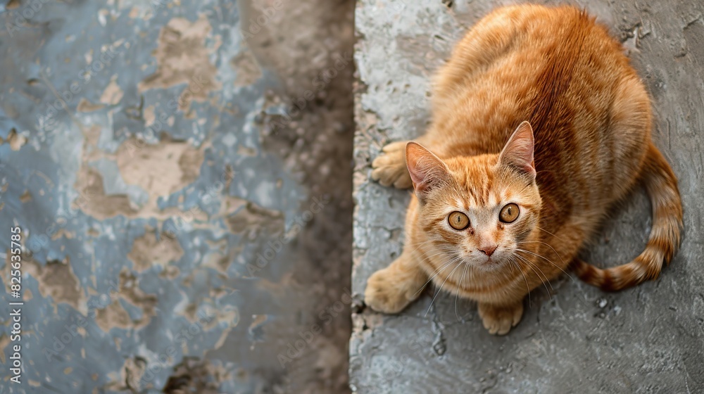 Closeup portrait of a charming young domestic ginger tabby cat sitting on Cement board and playfully looks. Health and midicine icon, Pets Health care concept with Free space fot text. Closeup portrait of a charming young domestic ginger tabby cat sitting on Cement board and playfully looks. Health and midicine icon, Pets Health care concept with Free space fot text.