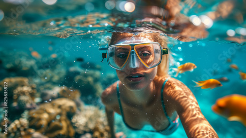Summer: A woman snorkeling in crystal-clear waters, surrounded by vibrant marine life. © Darren Green