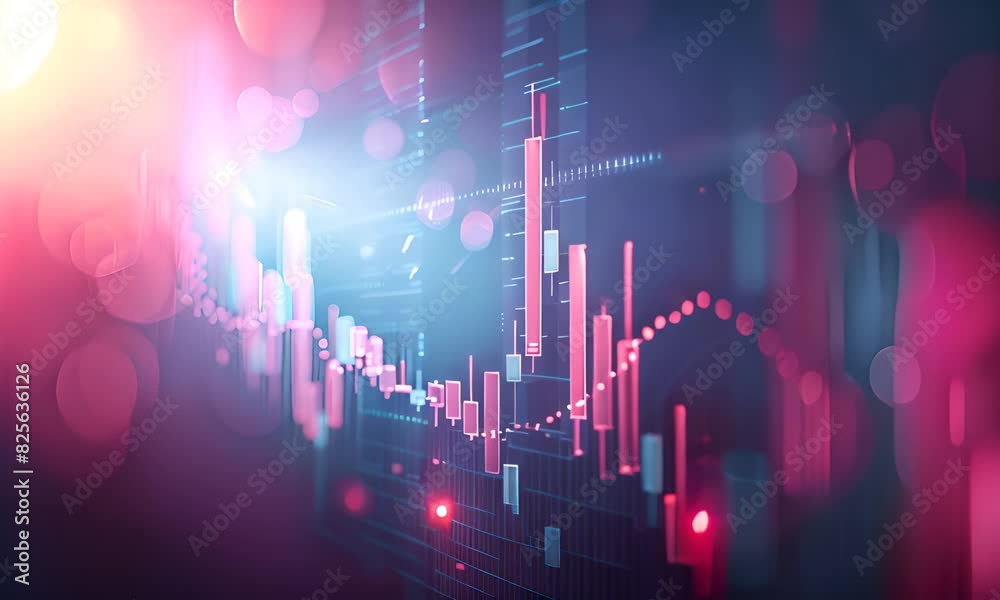 A stock market or financial chart with candlestick graph and bar lines on a blue background. A stock market or financial chart with candlestick graph and bar lines on a blue background.