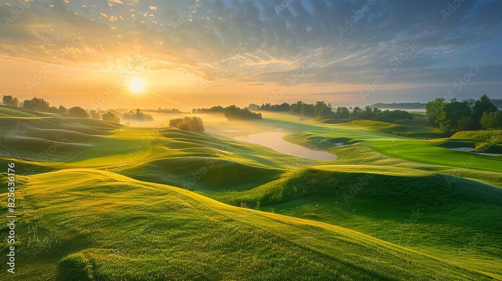 Obraz premium Golf course at sunrise, dewcovered fairways, vibrant green grass, serene and picturesque landscape, highresolution outdoor photography, Close up
