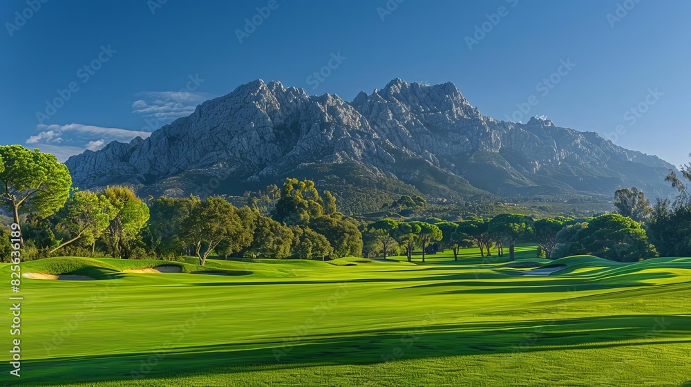 Golf course with a stunning mountain backdrop, clear blue sky, perfectly manicured fairways and bunkers, tranquil and scenic setting, highresolution landscape photography, Close up