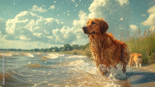 A dog chasing a ball into the sea while a cat watches from a distance on the shore photo