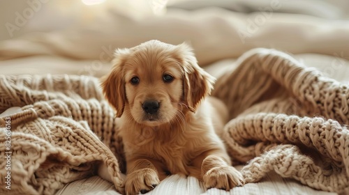 Golden retriever puppy sitting on a cozy blanket photo
