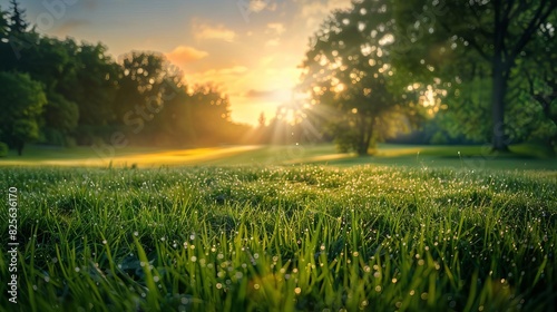 Golf course at sunrise  dewcovered fairways  vibrant green grass  serene and picturesque landscape  highresolution outdoor photography  Close up