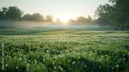 Golf course at sunrise, dewcovered fairways, vibrant green grass, serene and picturesque landscape, highresolution outdoor photography, Close up photo