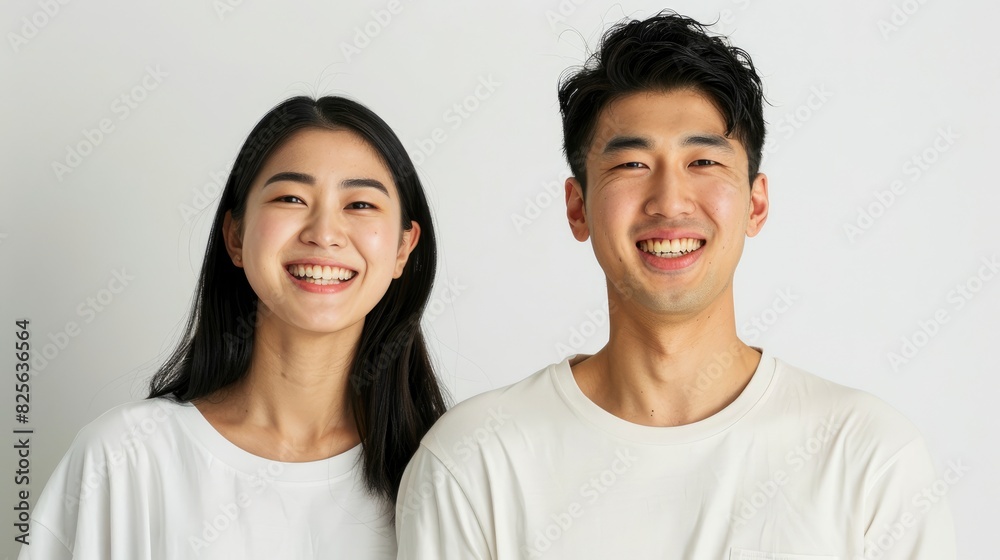 A Young Asian Couple Smiles Against A White Background, Symbolizing Partnership And Unity, High Quality A Young Asian Couple Smiles Against A White Background, Symbolizing Partnership And Unity, High Quality