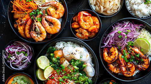 top view of an assortment of dishes including rice, noodles and shrimp in various bowls on a dark background